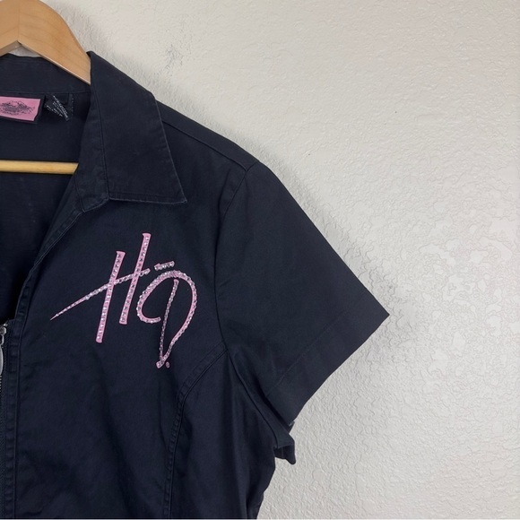 Harley Davidson Black Zip Front Short Sleeve Rhinestone Top Size XL Women - Picture 4 of 10